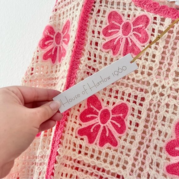 House of Harlow Knit Crochet Fringe Pink Bow Sweater OS NWT - Picture 4 of 6